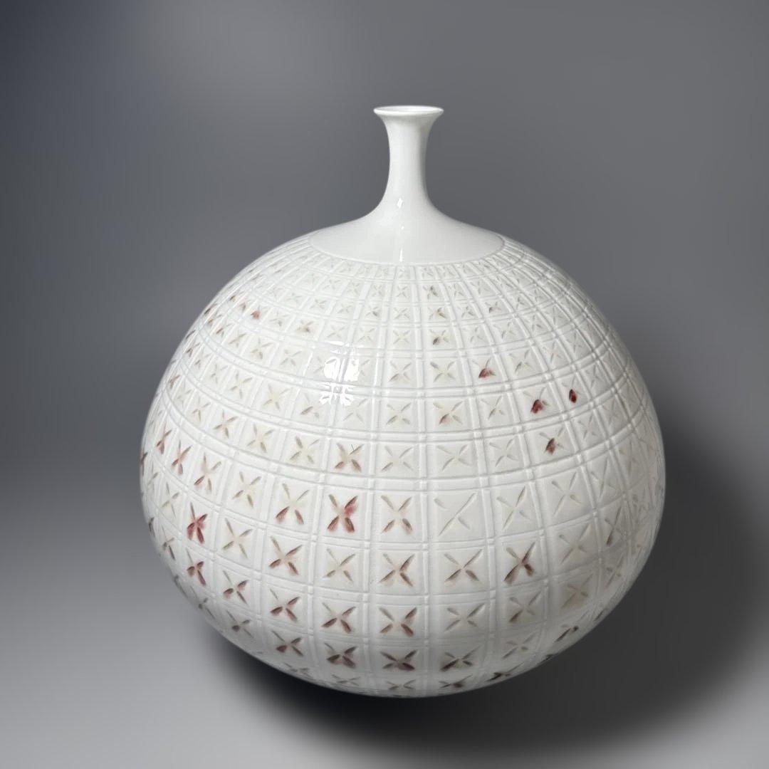 藤井朱明　作　格子文花瓶　エントランス　オブジェ　日展陶芸作家　高30.5cm