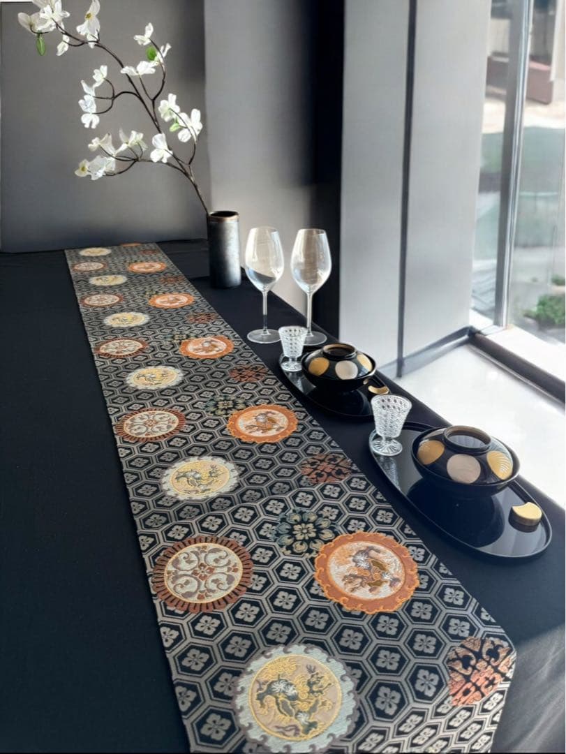 専用◼︎C1128高級袋帯 正絹 絵皿文 亀甲花菱文 テーブルランナー〜280cm