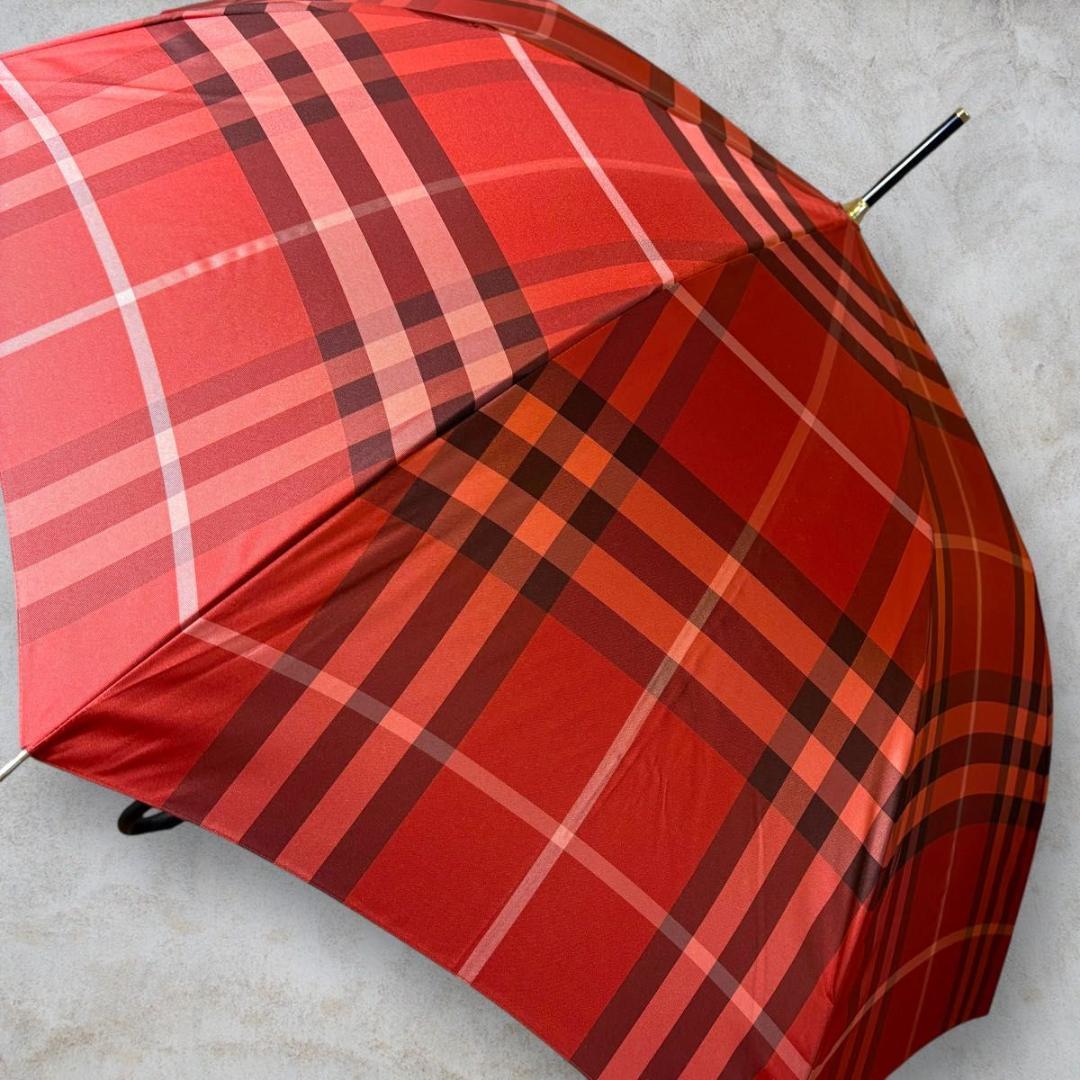 美品 BURBERRY メガチェック 晴雨兼用長傘 一本傘 ノバチェック RED