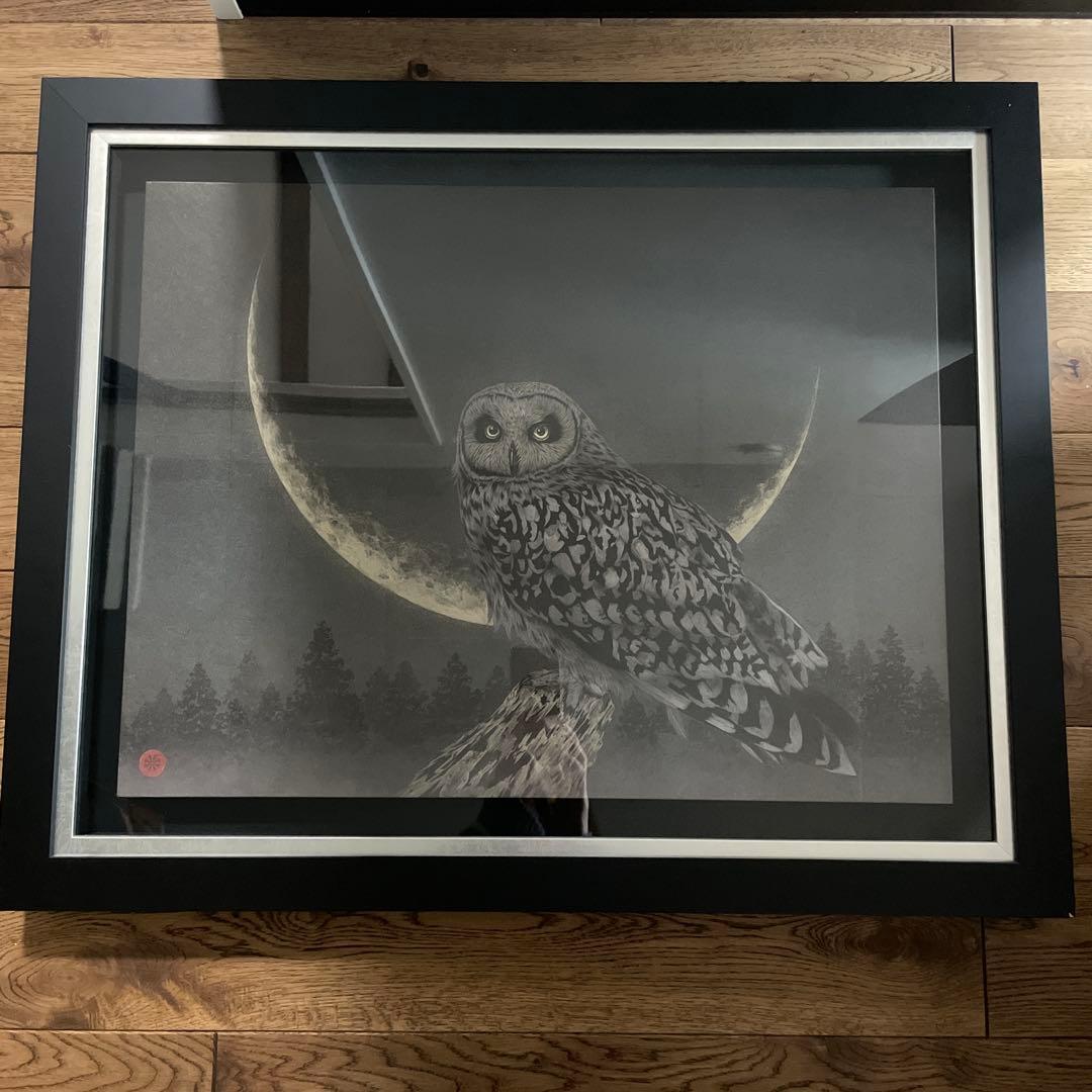 金澤隆 日本画 夜の帳 フクロウ インテリア 額縁 絵画