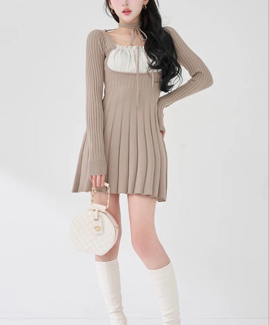 ダーリッチ　ネックリボンデザインフレアニットミニワンピース F-L タグ付き