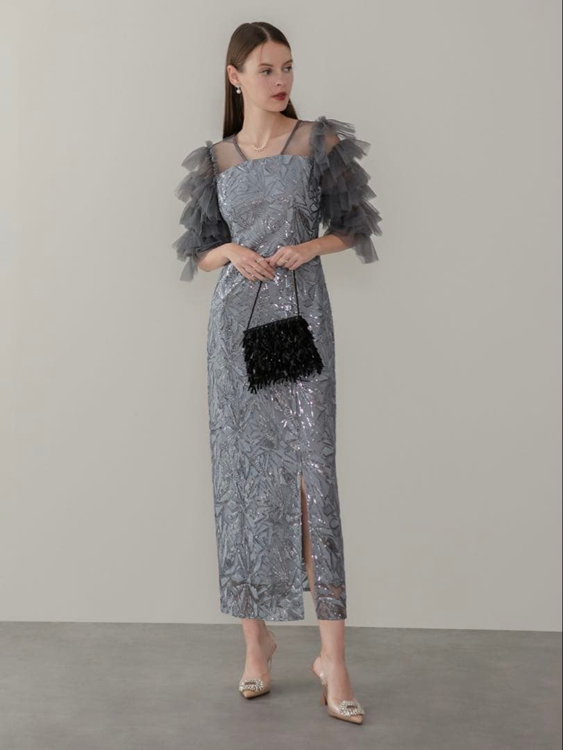 チュールフリルスリーブスパンコールIラインワンピースドレス結婚式二次会パーティー