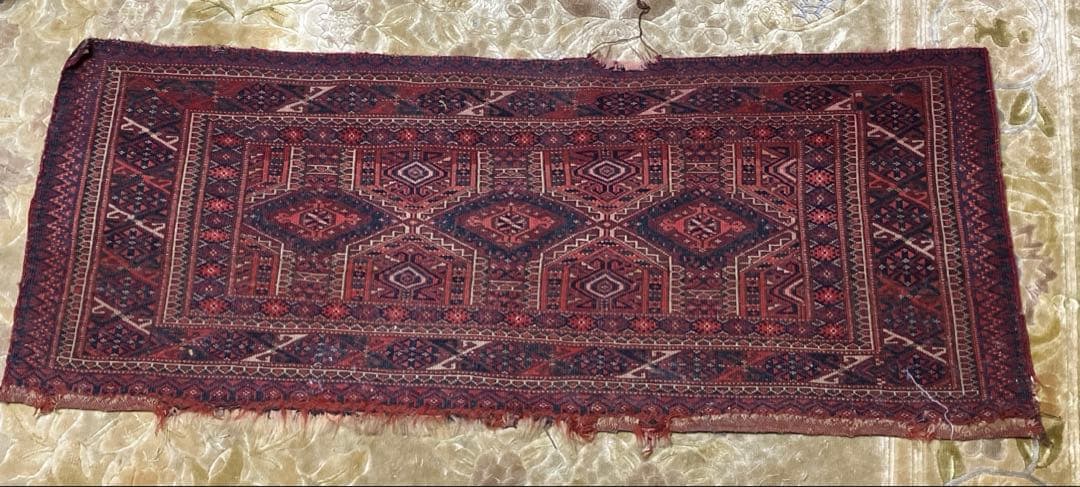 150年前 アンティーク　トルクメン絨毯　ラグ　手織 ウール 41x105cm