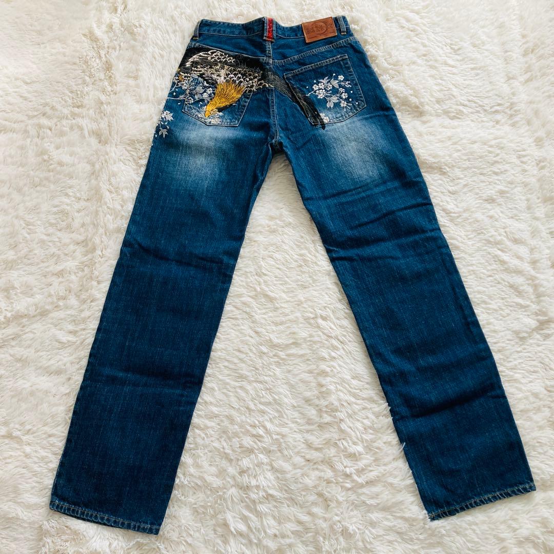 【超美品】絡繰魂 デニムパンツ 34 家紋 刺繍 和柄 鷲 鷹 ジーンズ
