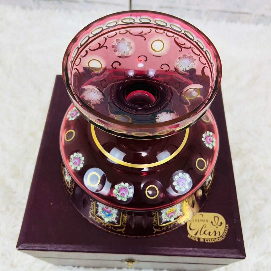 BOHEMIA チェコスロバキア製 ピンクガラス フラワーベース 金彩 グラス