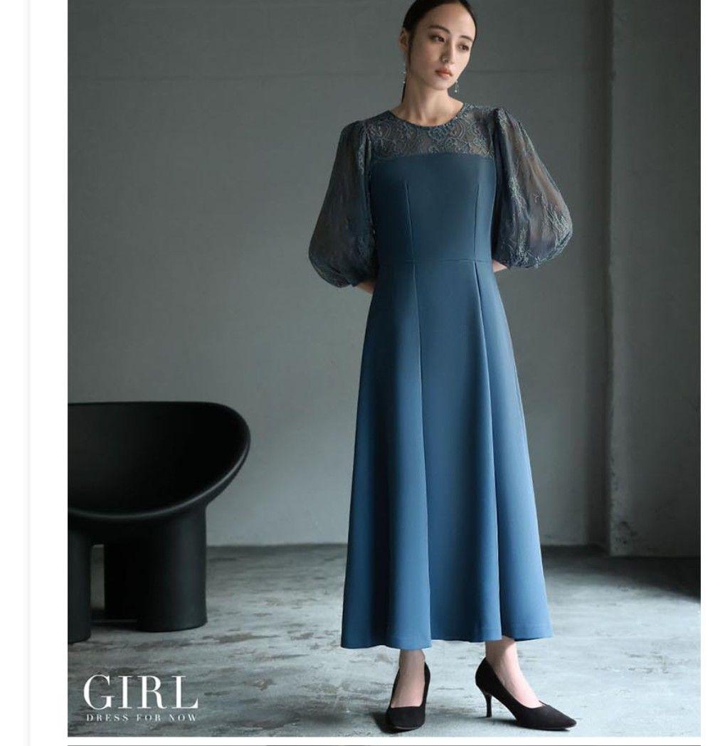 パーティーロングドレス　ブルー　レース