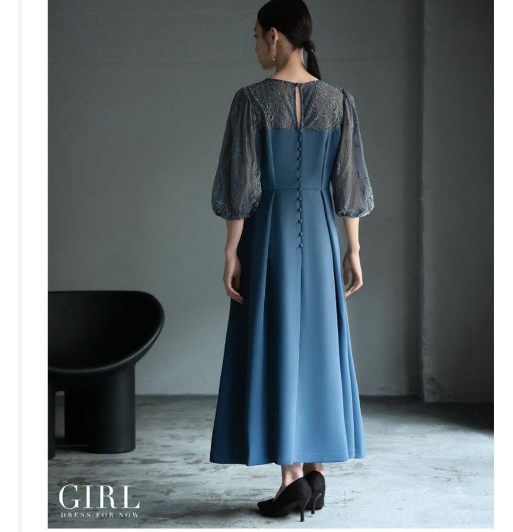 パーティーロングドレス　ブルー　レース
