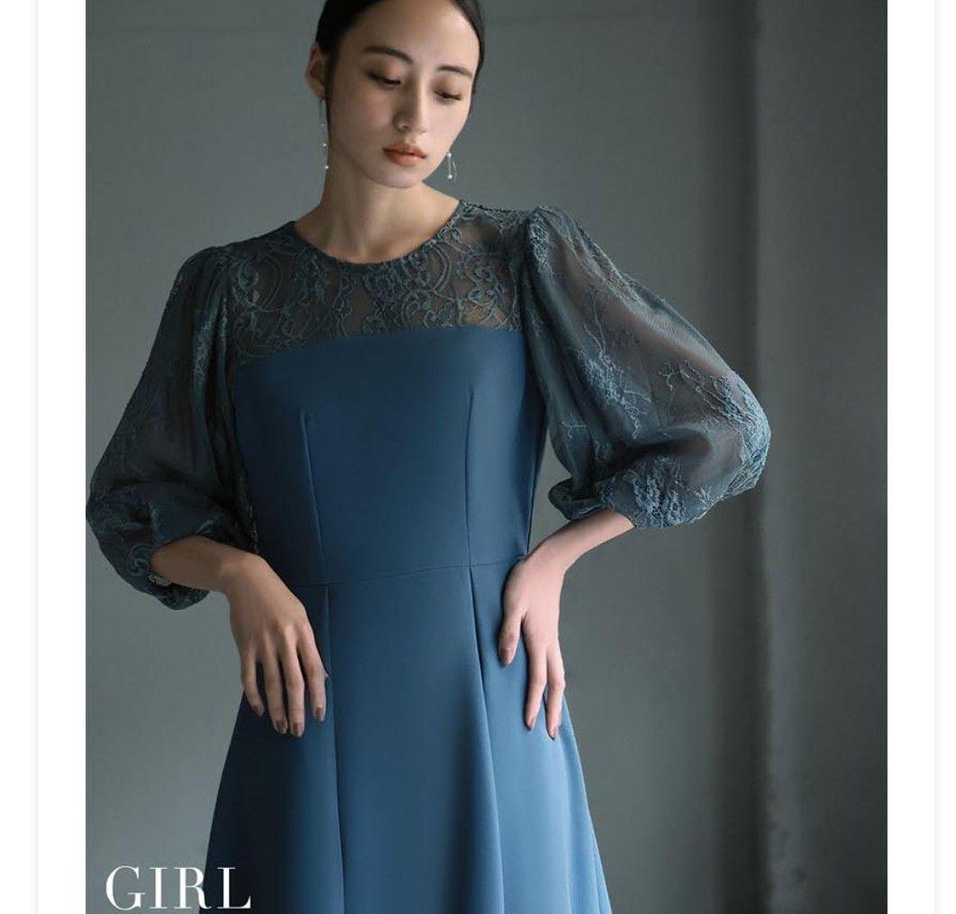 パーティーロングドレス　ブルー　レース