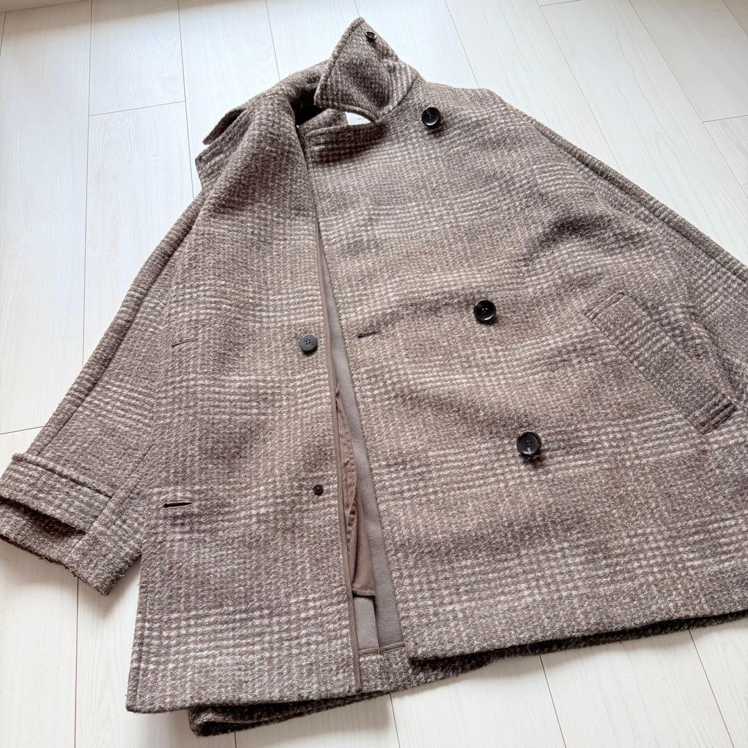 美品✨スピックアンドスパン　Wスライバーチェックハーフコート　ブラウン　36