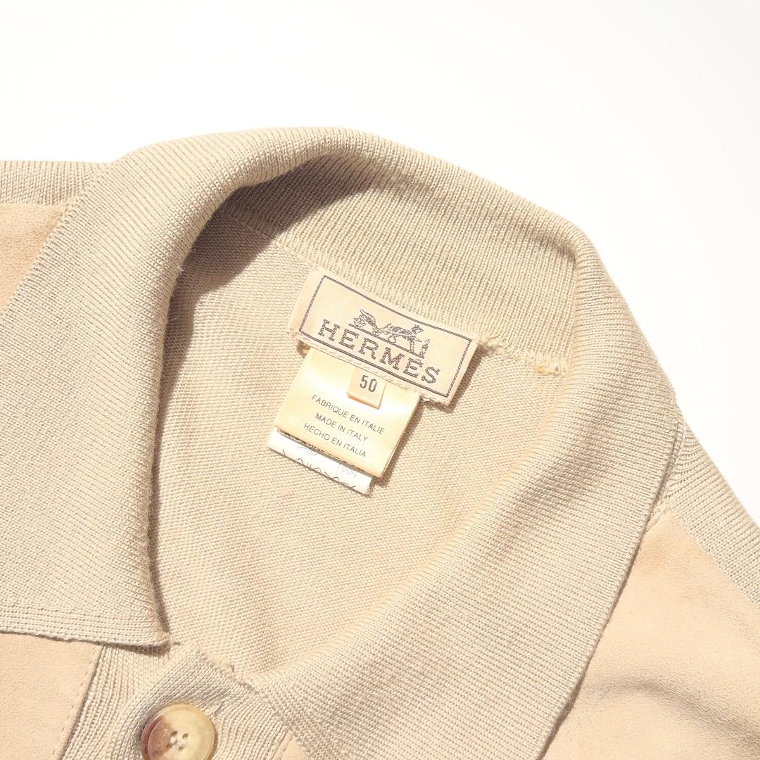 HERMES スエードレザー切り替えニットポロ ウールシルク エルメス 90s