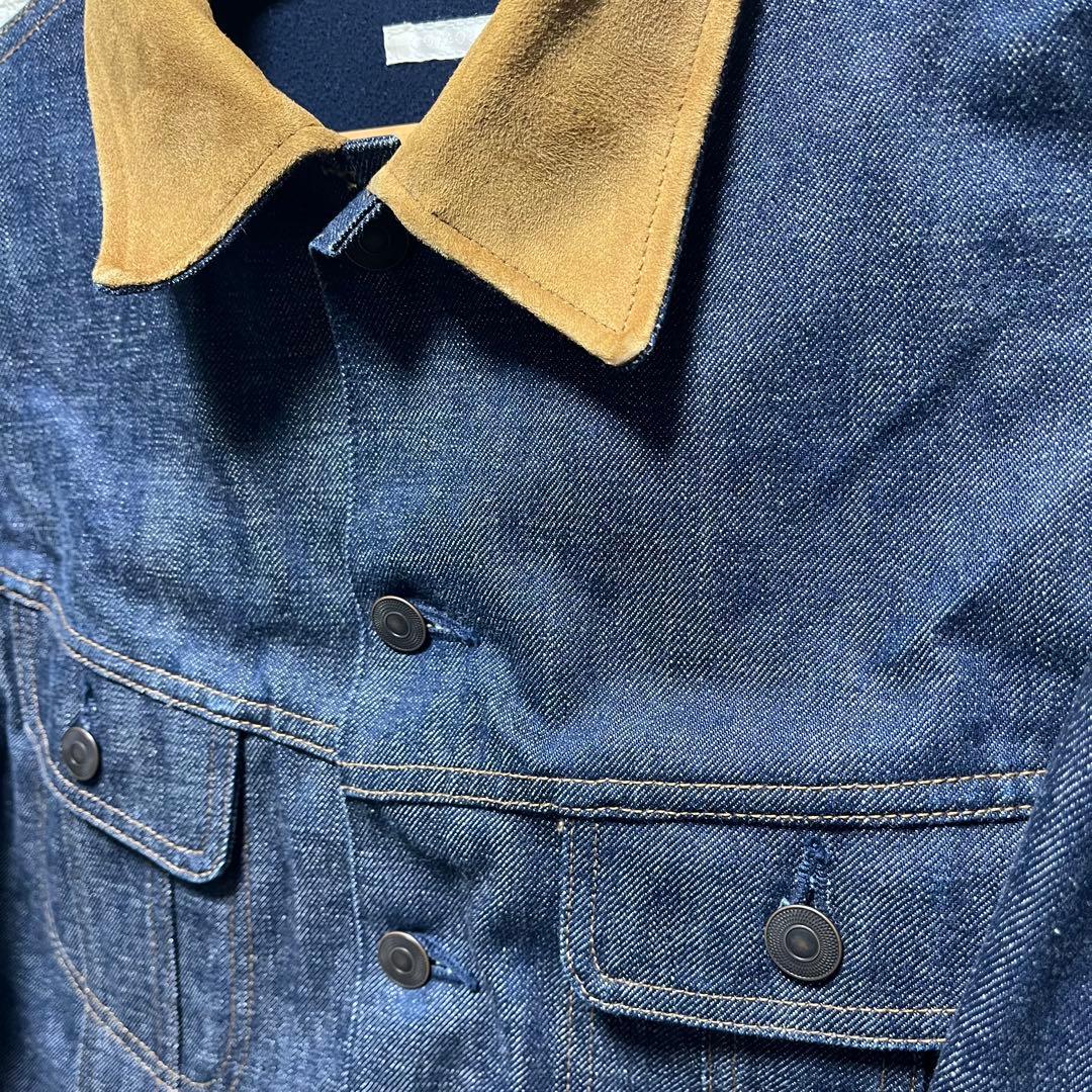 COMOLI ノンウォッシュ 襟レザー デニムジャケット レザーワークジャケット