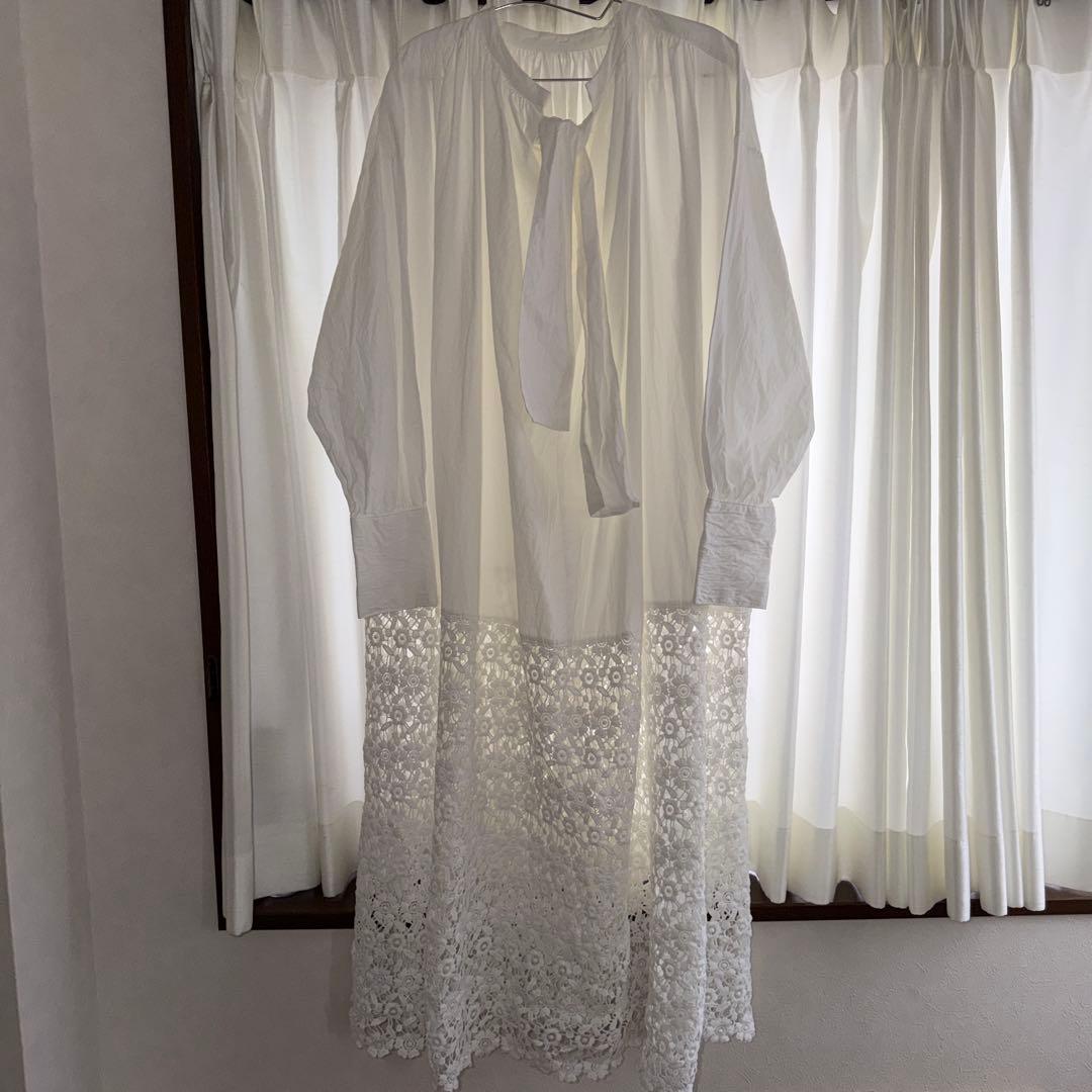 もり⭐︎foundrymews ホワイト レース裾 長袖カットソーワンピース