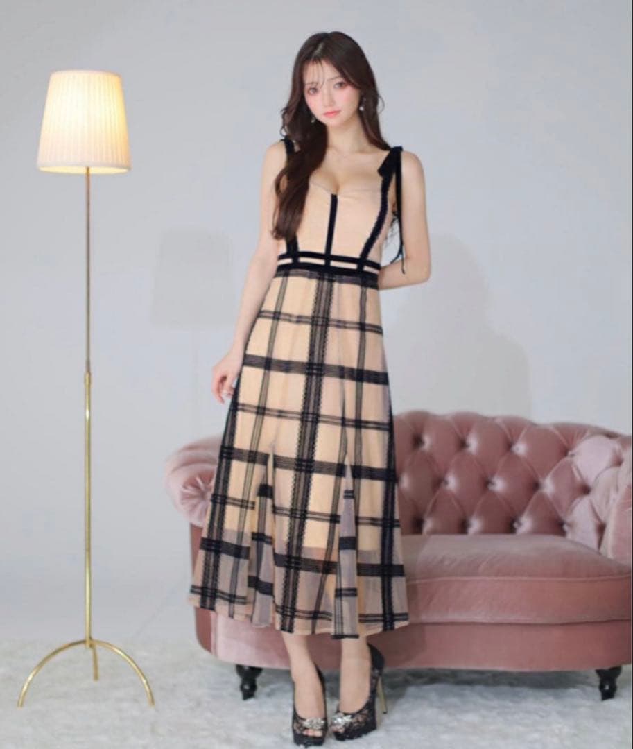 【匿名発送】ROBE de FLEURS＊チュールチェックフレアロングドレス