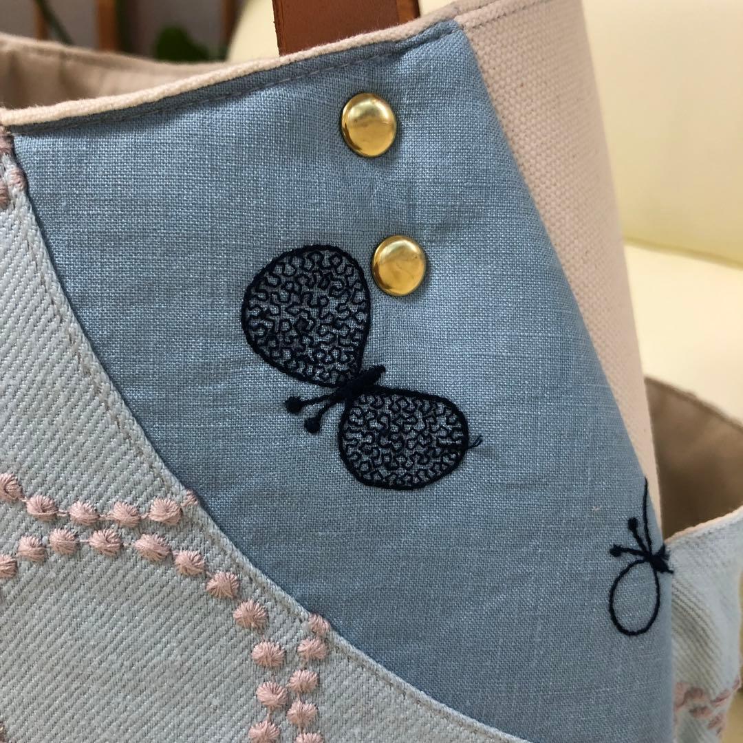 バルーンバッグ（M）ミナペルホネン 《タンバリン&choucho》Blueヌメ革