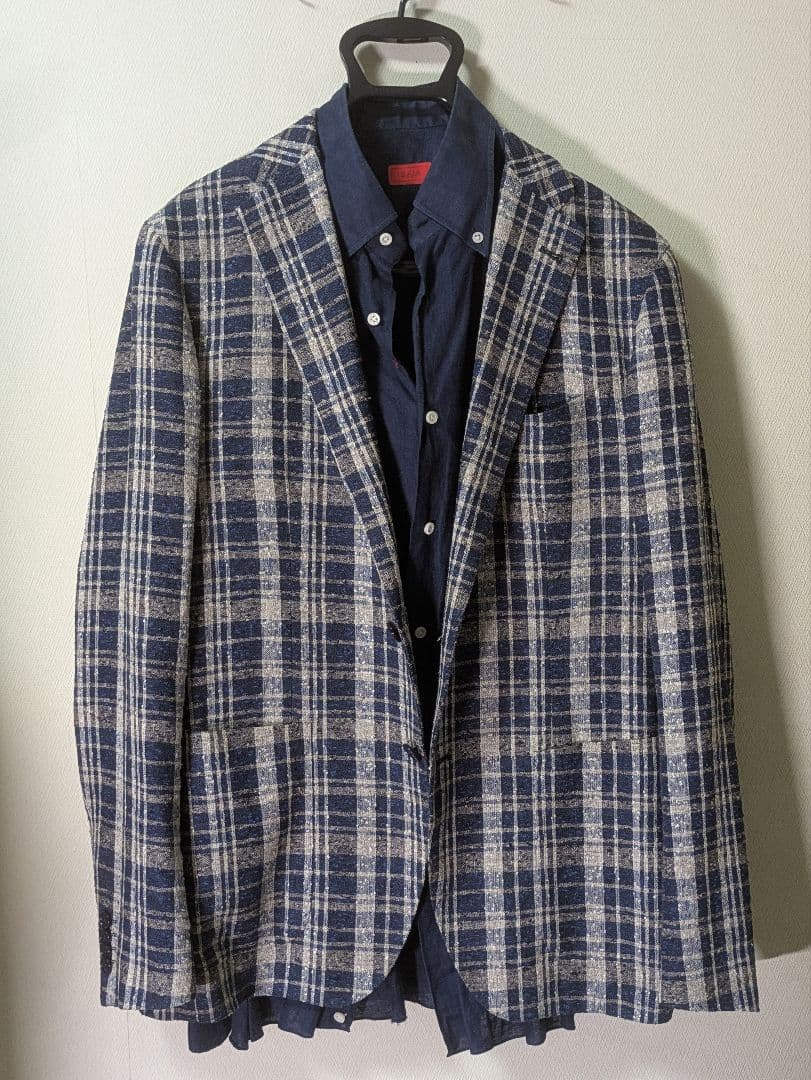 ★タリアトーレ モンテカルロ テーラードジャケット 50 麻 ネイビー チェック