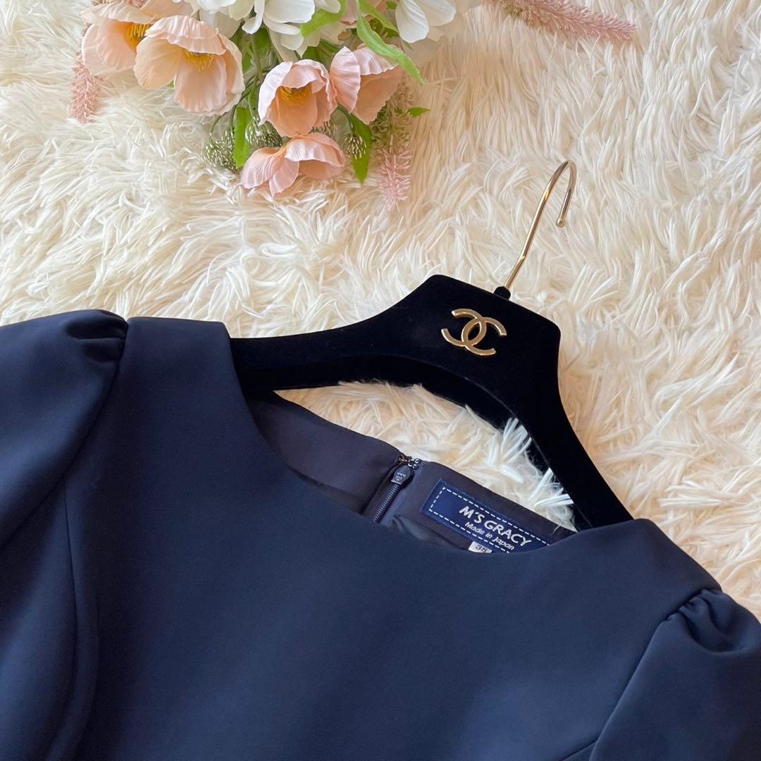美品 M'S GRACY バックジップ タック ワンピース ネイビー 38