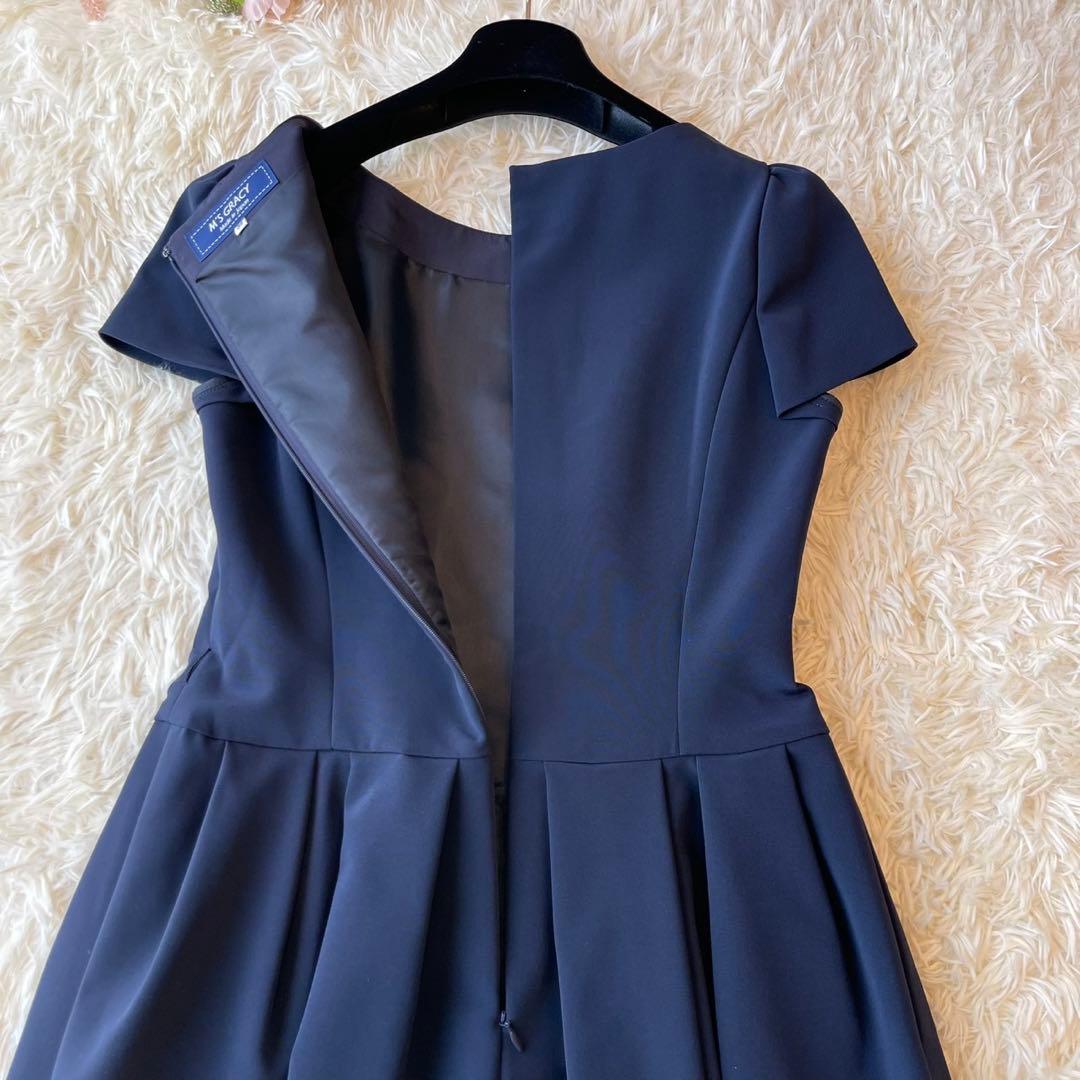 美品 M'S GRACY バックジップ タック ワンピース ネイビー 38