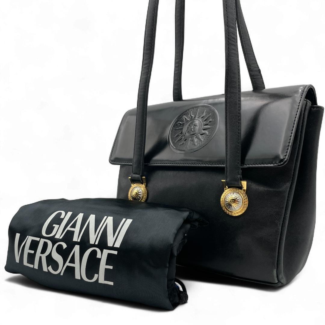 良品 GIANNI VERSACE トートバッグ レザー ブラック サンバースト
