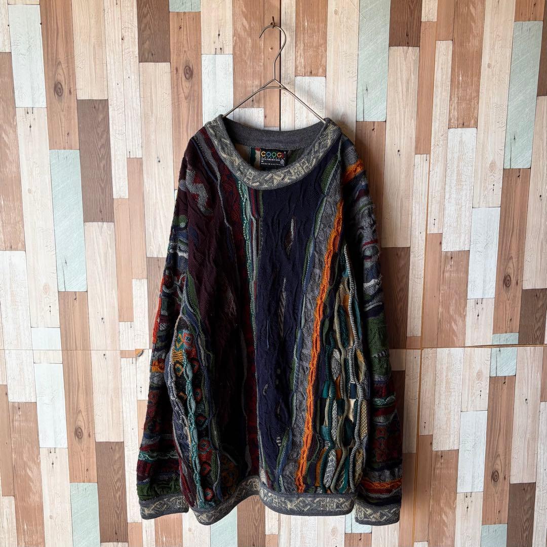 90s COOGI 3Dニット 総柄セーター 幾何学 柄ニット 希少配色 寒色