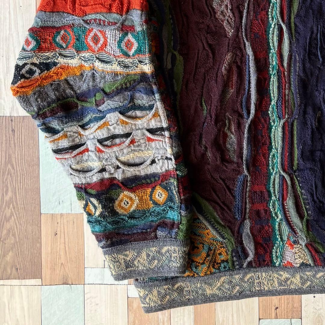 90s COOGI 3Dニット 総柄セーター 幾何学 柄ニット 希少配色 寒色