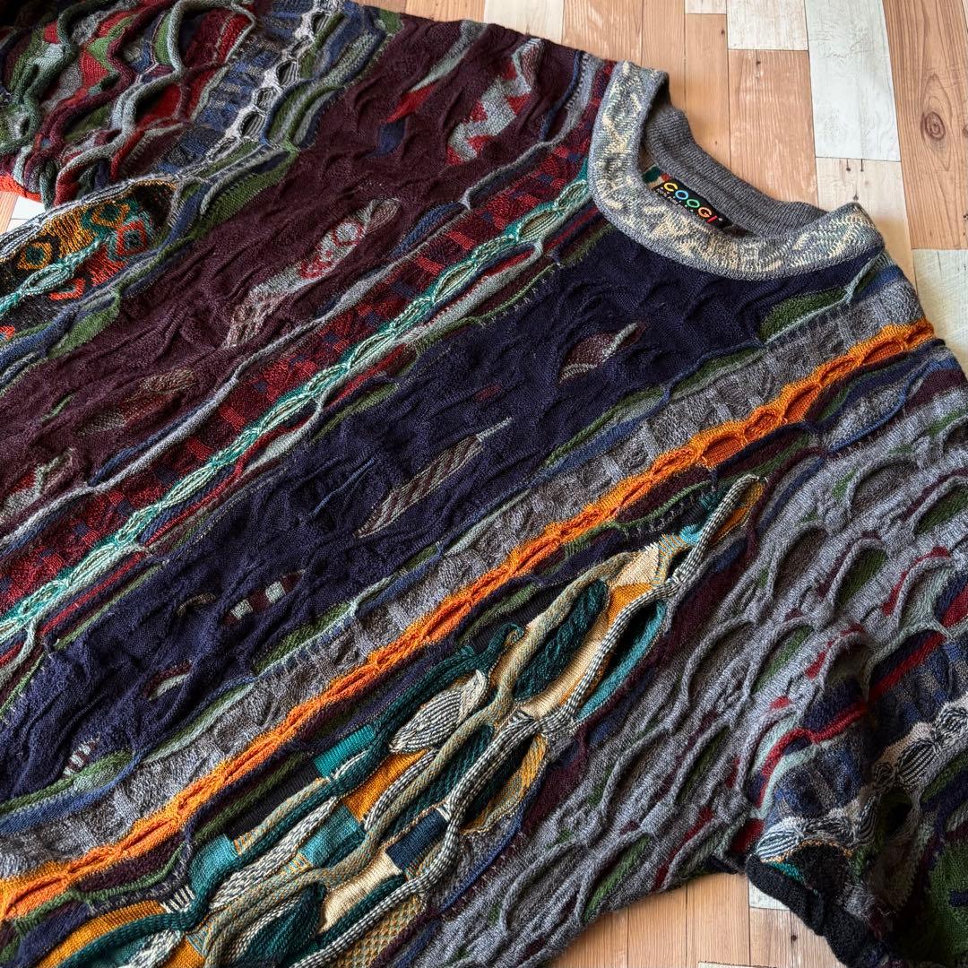 90s COOGI 3Dニット 総柄セーター 幾何学 柄ニット 希少配色 寒色