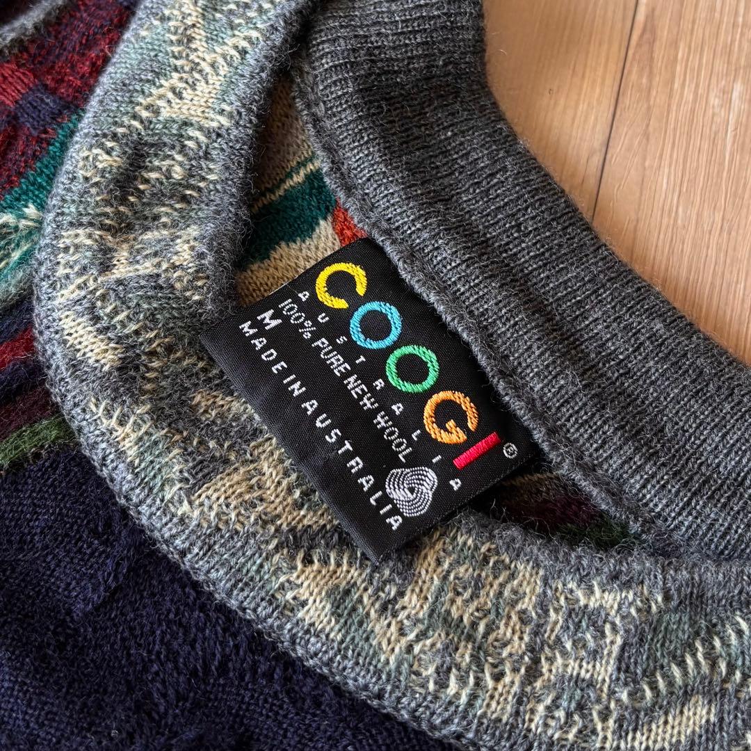 90s COOGI 3Dニット 総柄セーター 幾何学 柄ニット 希少配色 寒色