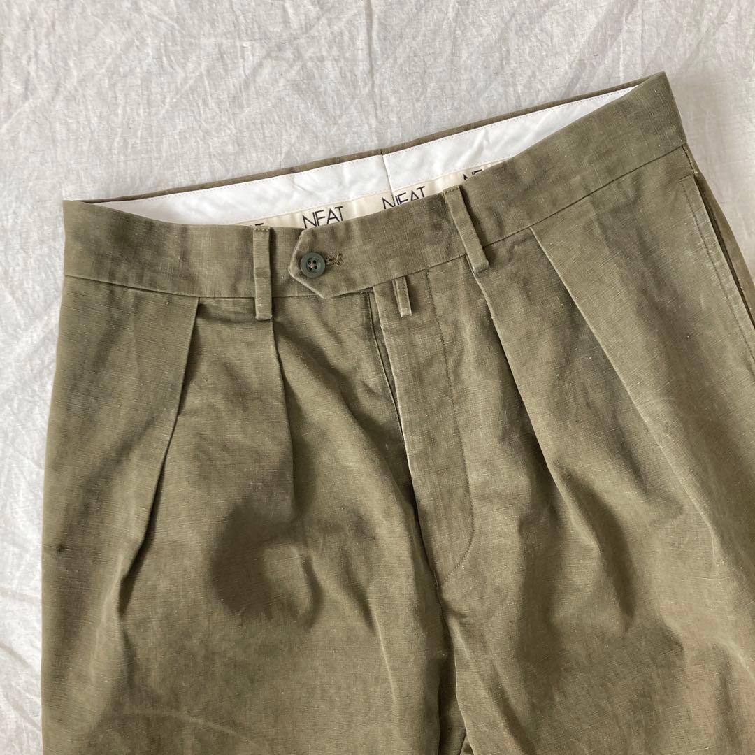 NEAT ミリタリーテント地 タック入り オリーブ グリーン チノパン