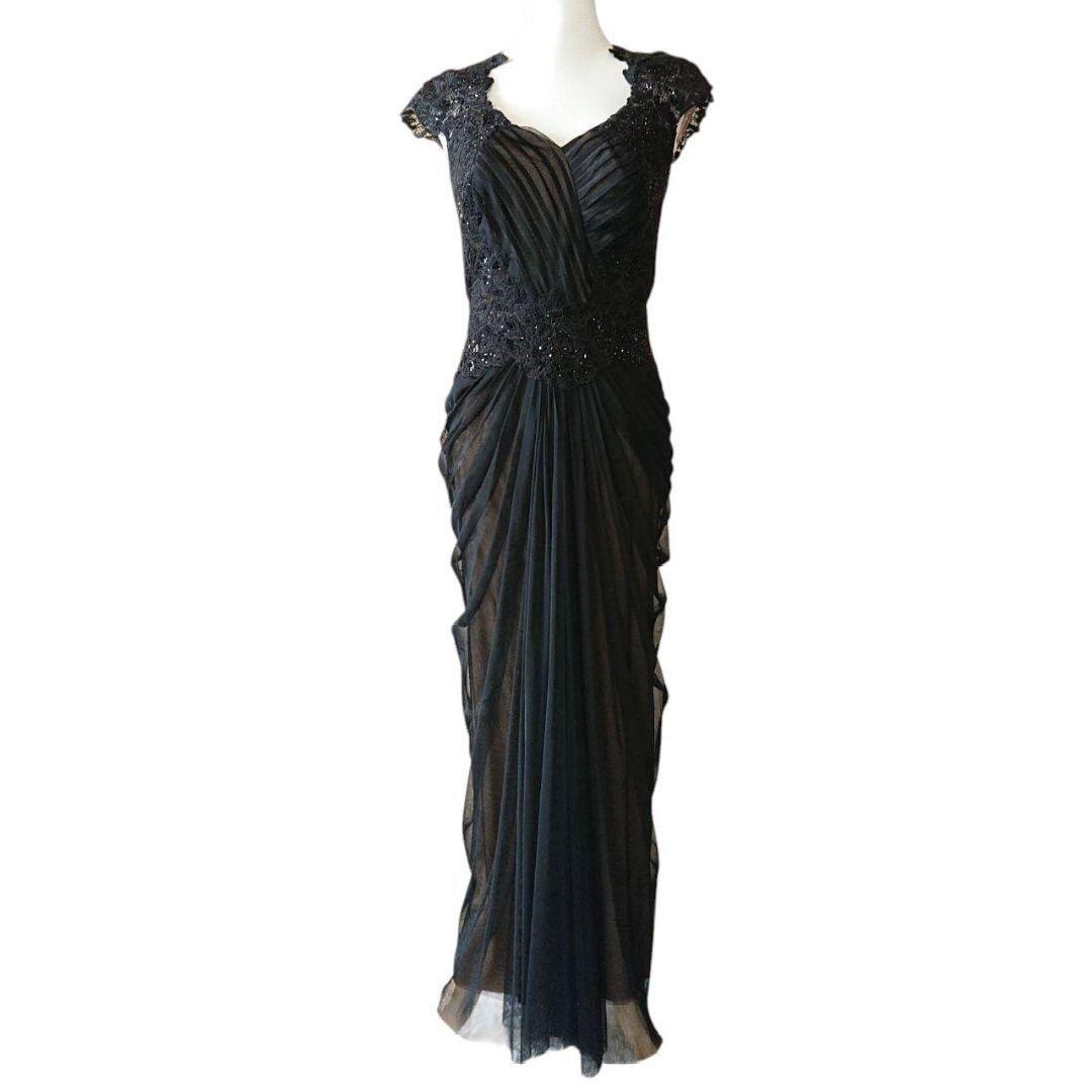 タダシショージ　花柄　レース　プリーツ　ビジュー ロング　ワンピース　ドレス　黒