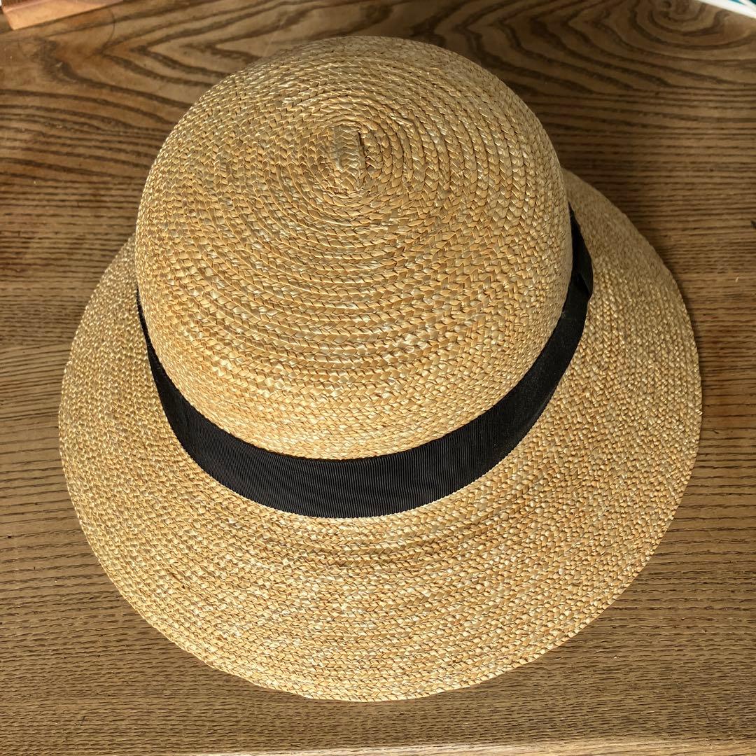 田中帽子店　ベージュ ストロー広つばハット 黒リボン付き　調整可能59cm
