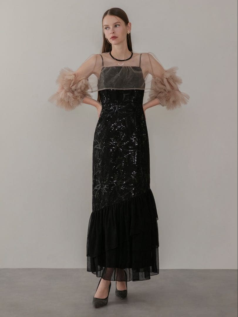 フラワースパンコールチュールフリルスリーブIラインワンピースドレス結婚式二次会