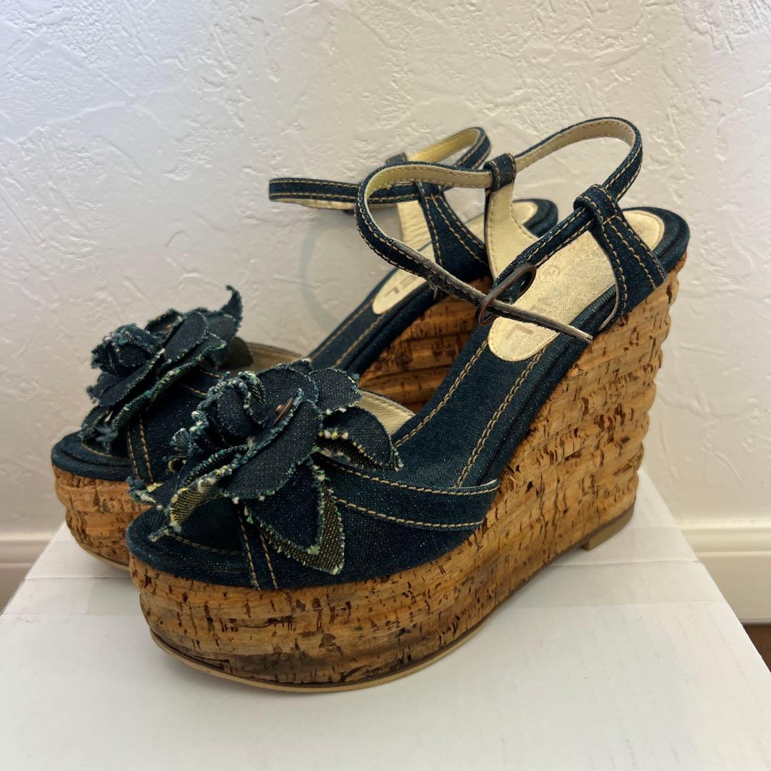 シャネル カメリア デニム ウェッジソール サンダル ヒール 22.5cm