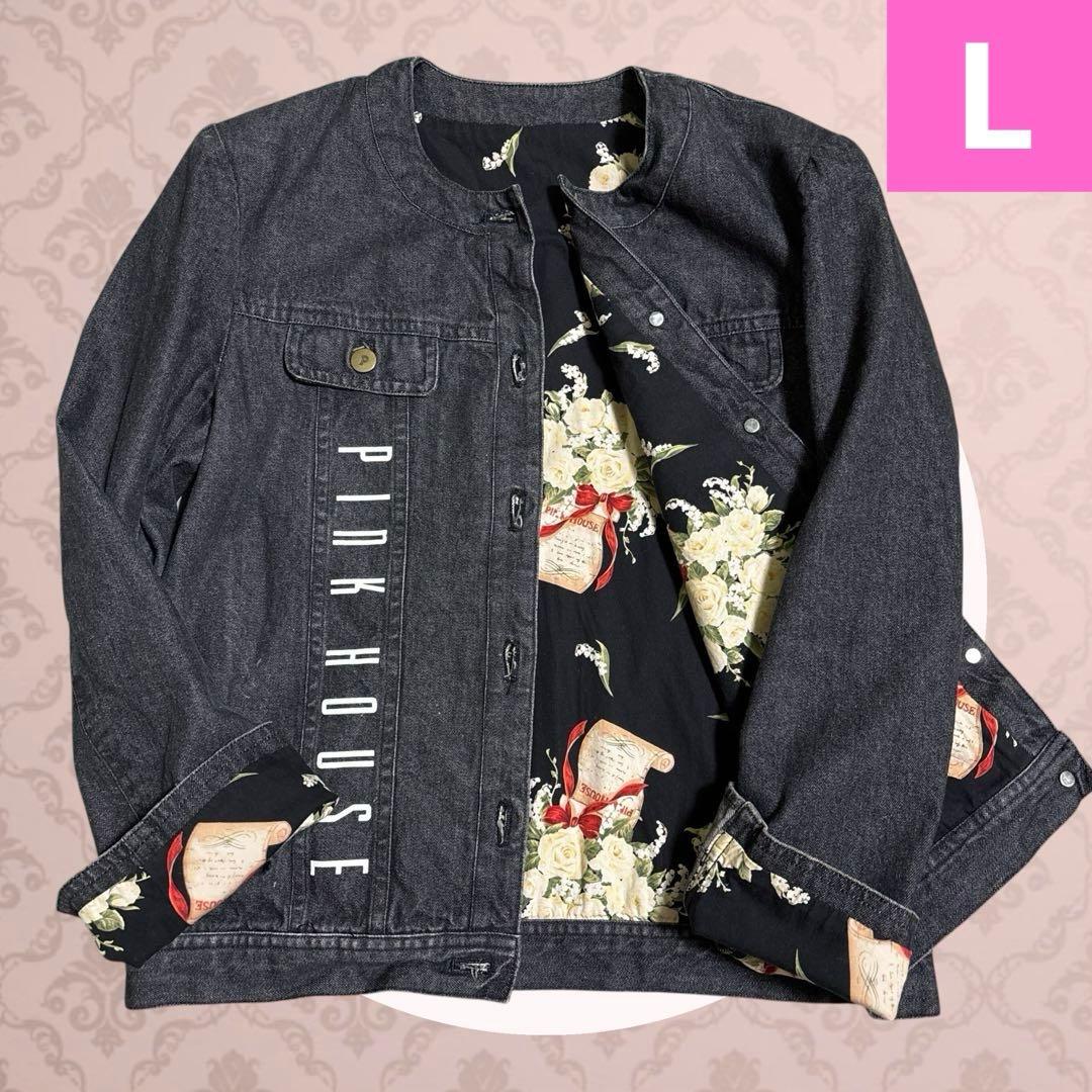 PINK HOUSE 【美品】L　デニム　ジャケット　ブラック　花柄　綿100%