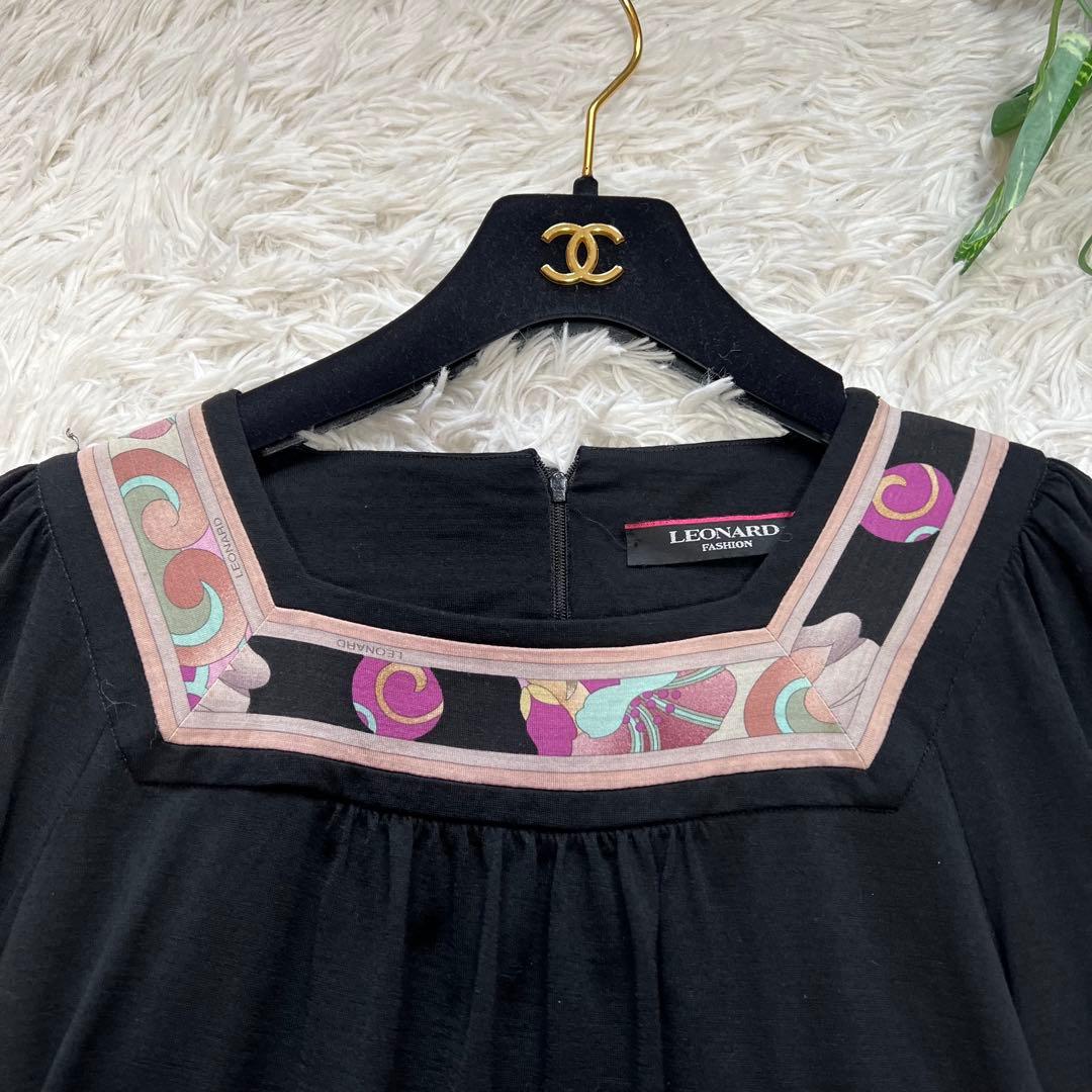 LEONARD ウールジャージー ワンピース 花柄 トリム 黒 スクエアネック