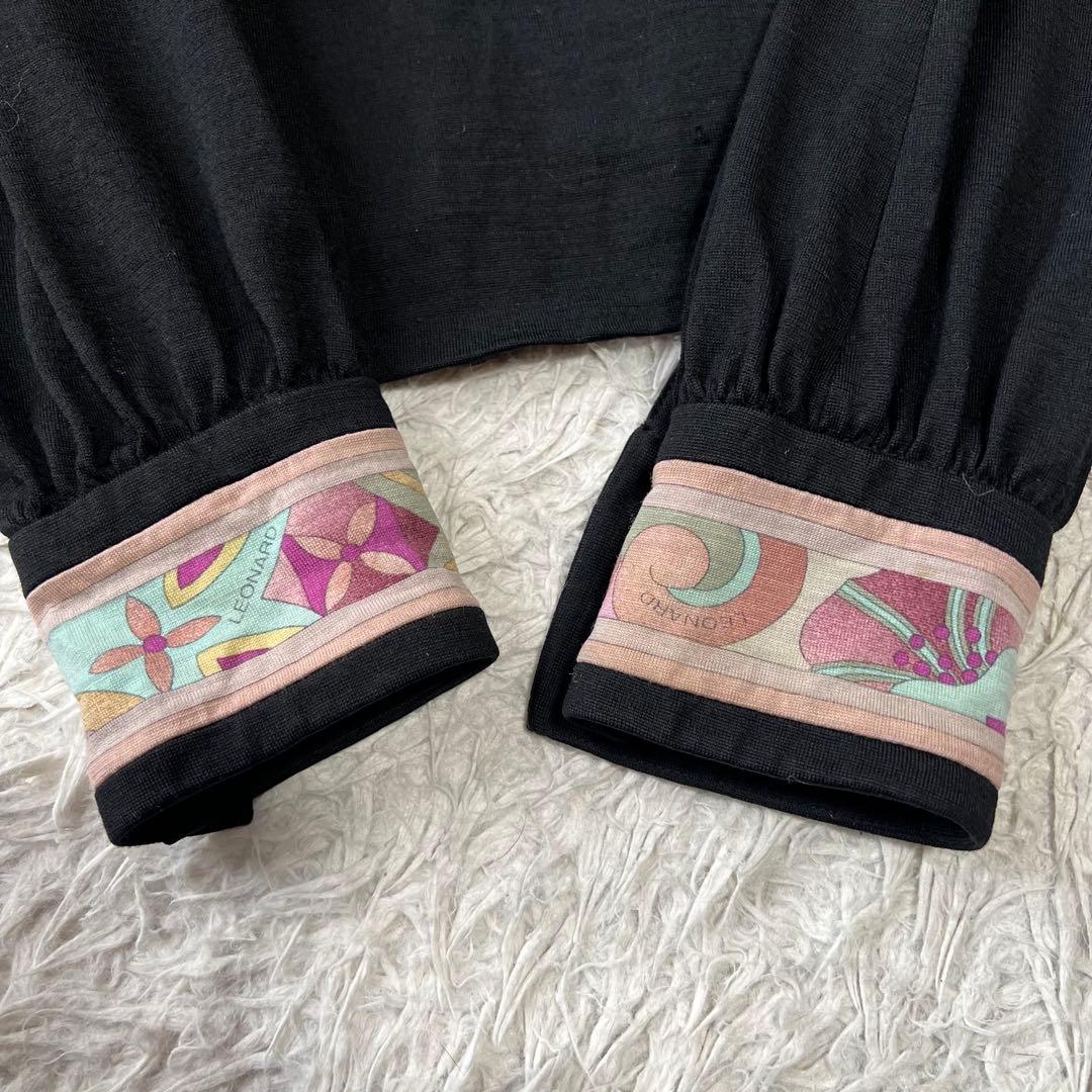 LEONARD ウールジャージー ワンピース 花柄 トリム 黒 スクエアネック