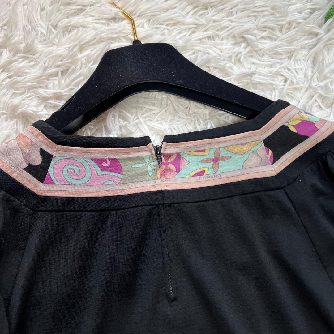 LEONARD ウールジャージー ワンピース 花柄 トリム 黒 スクエアネック