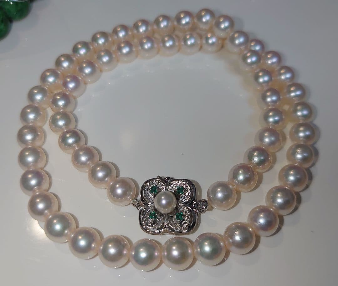 アコヤ真珠　エメラルド　パールネックレス　7.3mm 　K14WG