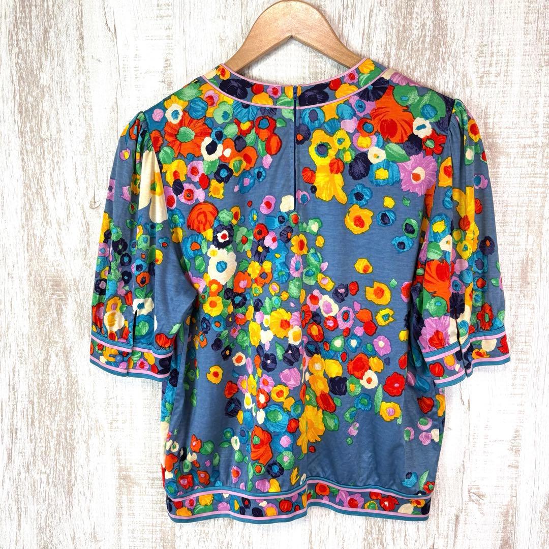 美品 レオナール カラフル フラワー 花柄 総柄 半袖 カットソー ブルー