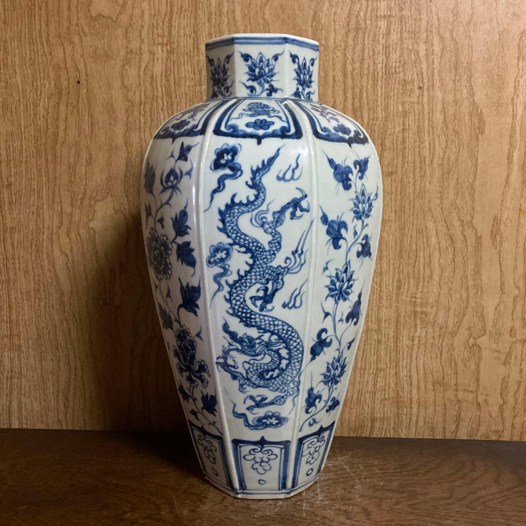 中国　染付　面取瓶　龍鳳花之図