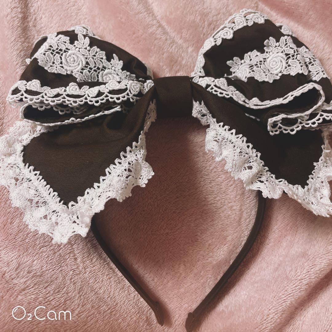 キャメロンカチューシャ リボン ヘッドドレス 茶　オフ白