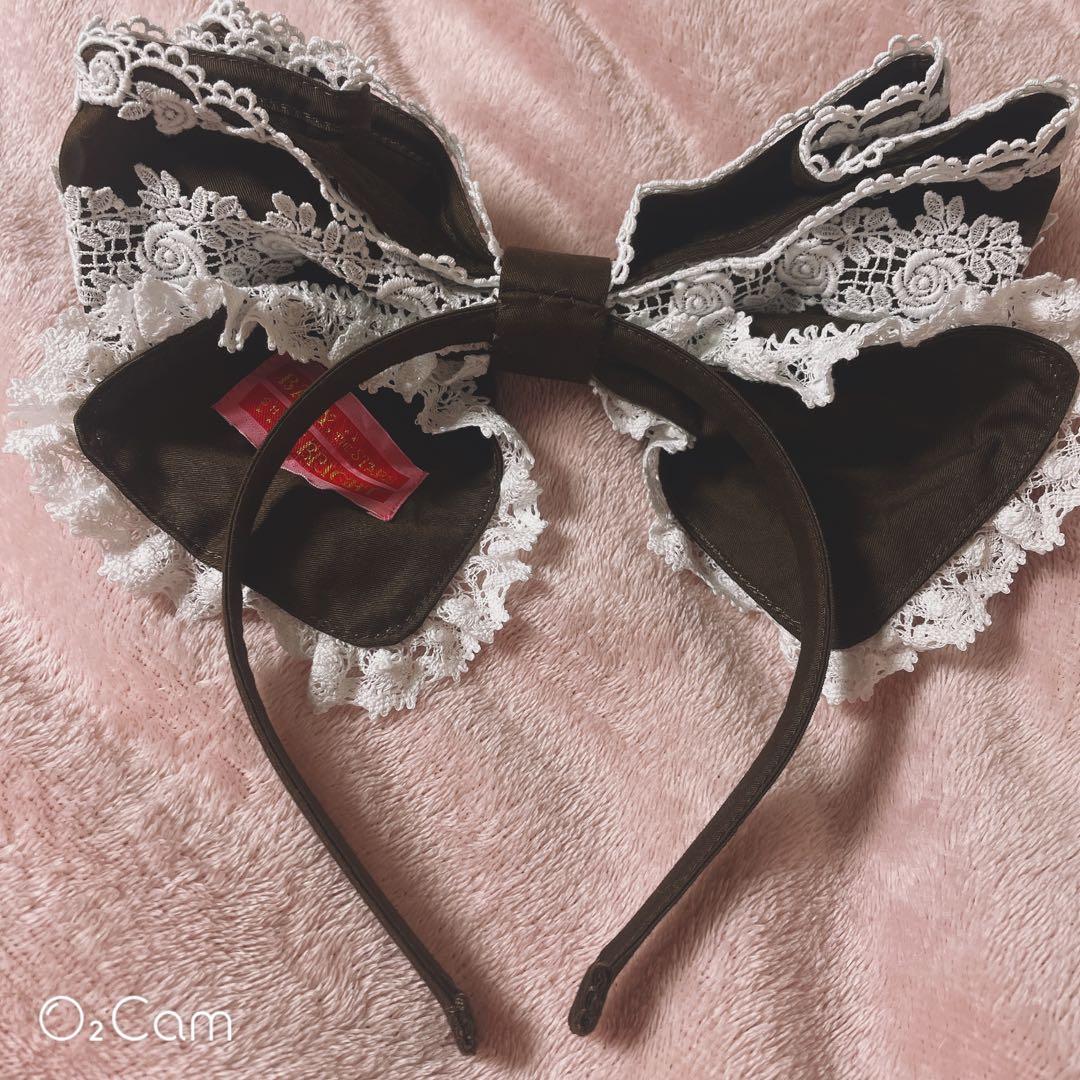 キャメロンカチューシャ リボン ヘッドドレス 茶　オフ白