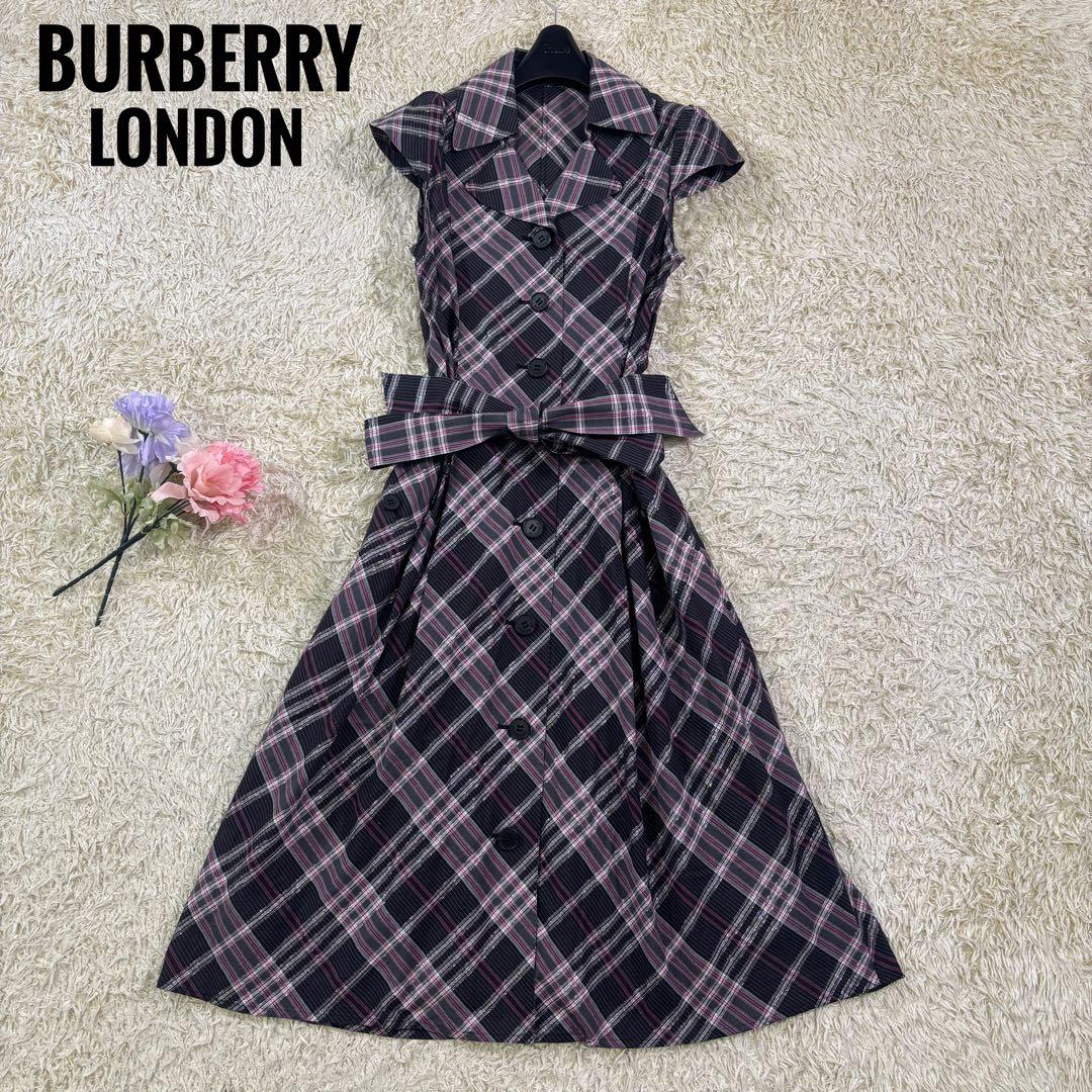 美品　バーバリーロンドン　チェック柄　ラメ入り　ベルトリボン　フレアワンピース