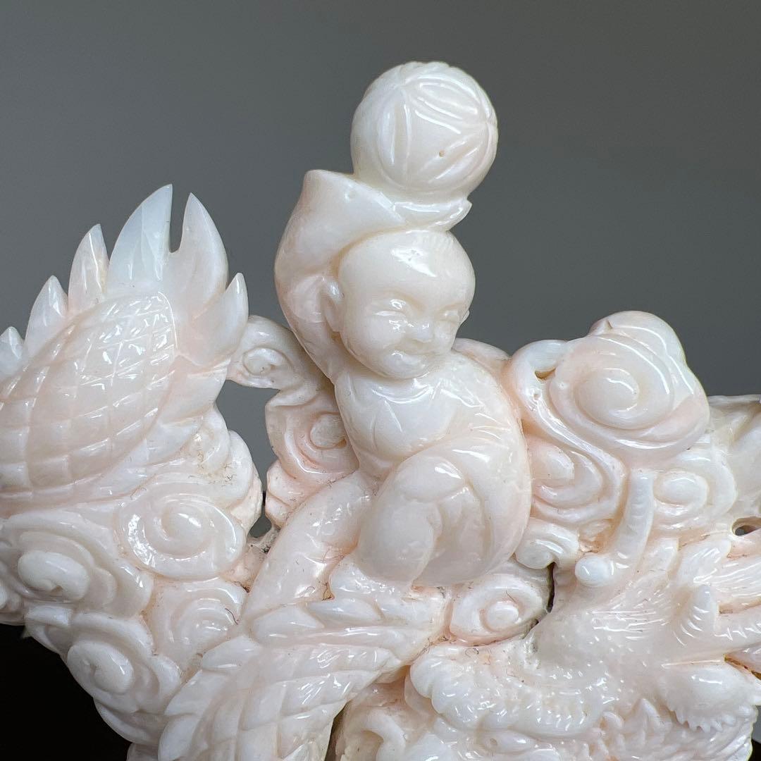 本桃色珊瑚　龍童子置物　ケース付　東Y7-1211☆2Fトヒト