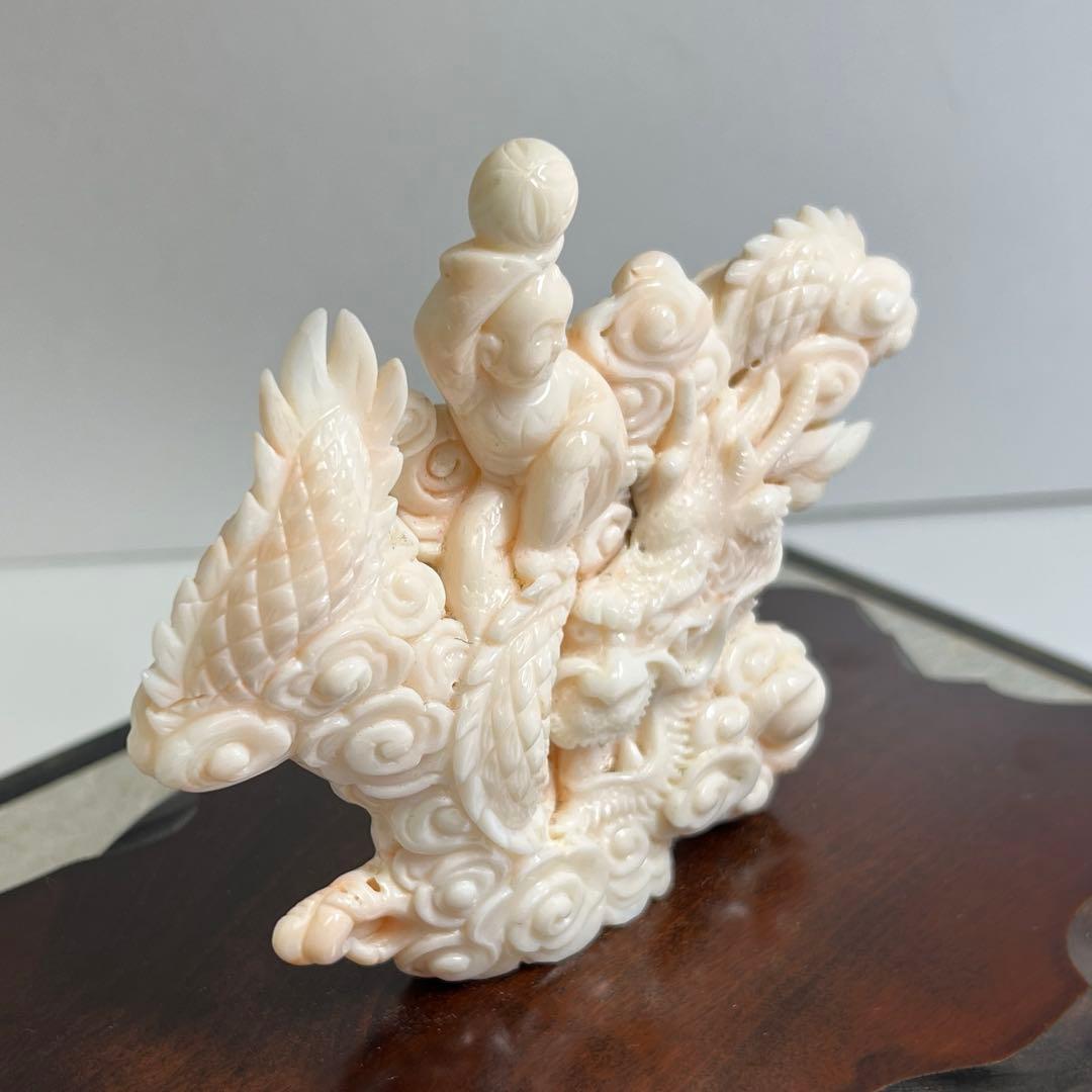 本桃色珊瑚　龍童子置物　ケース付　東Y7-1211☆2Fトヒト