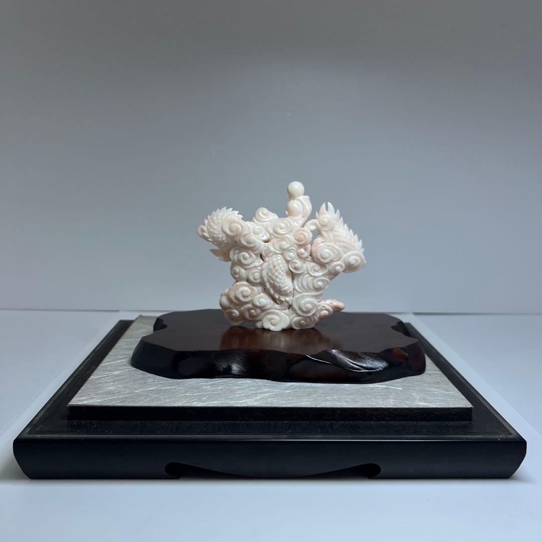 本桃色珊瑚　龍童子置物　ケース付　東Y7-1211☆2Fトヒト