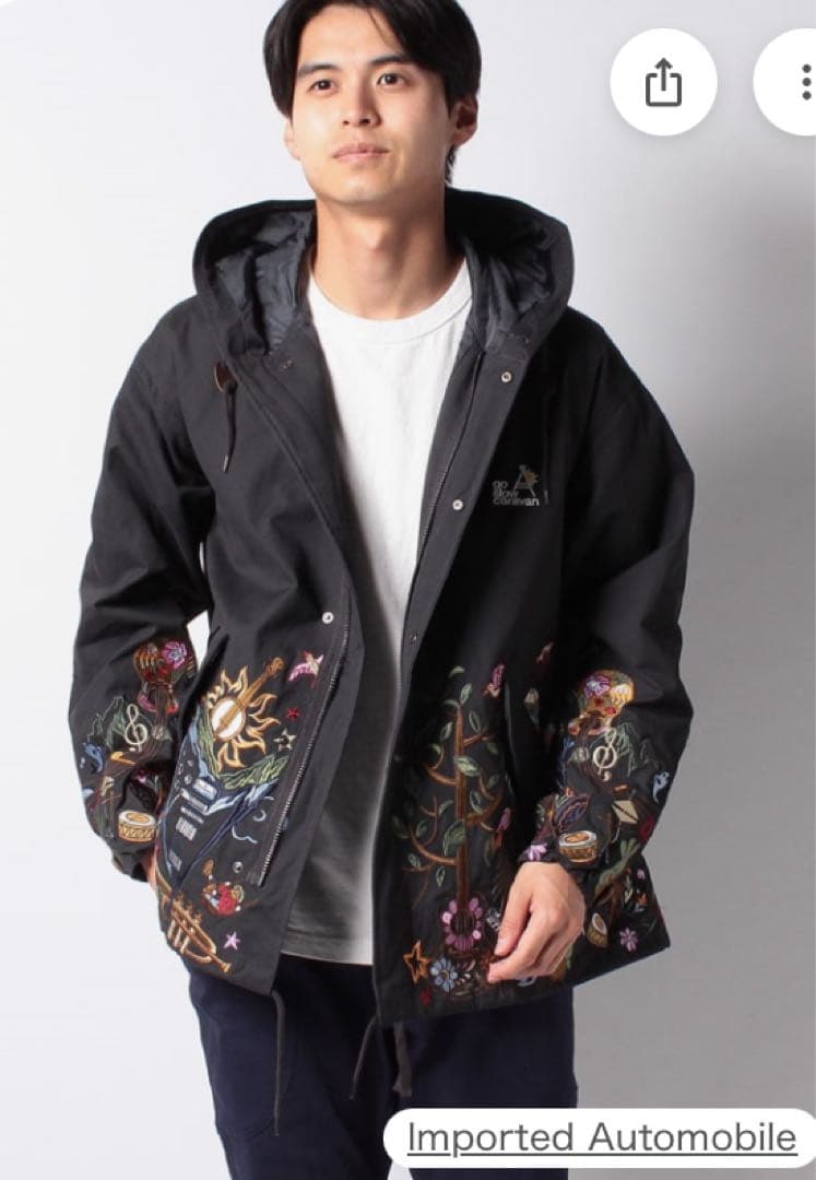 go slow caravan コードクロスパネル 刺繍 モッズコート 黒 音楽