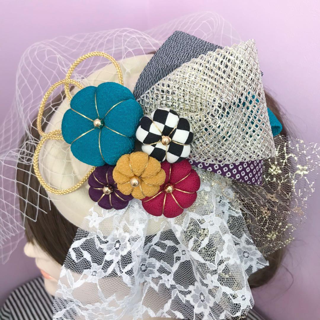 2月末❁︎びびんば様❁︎ 卒業式 髪飾り トーク帽 モダン花×帯重ね