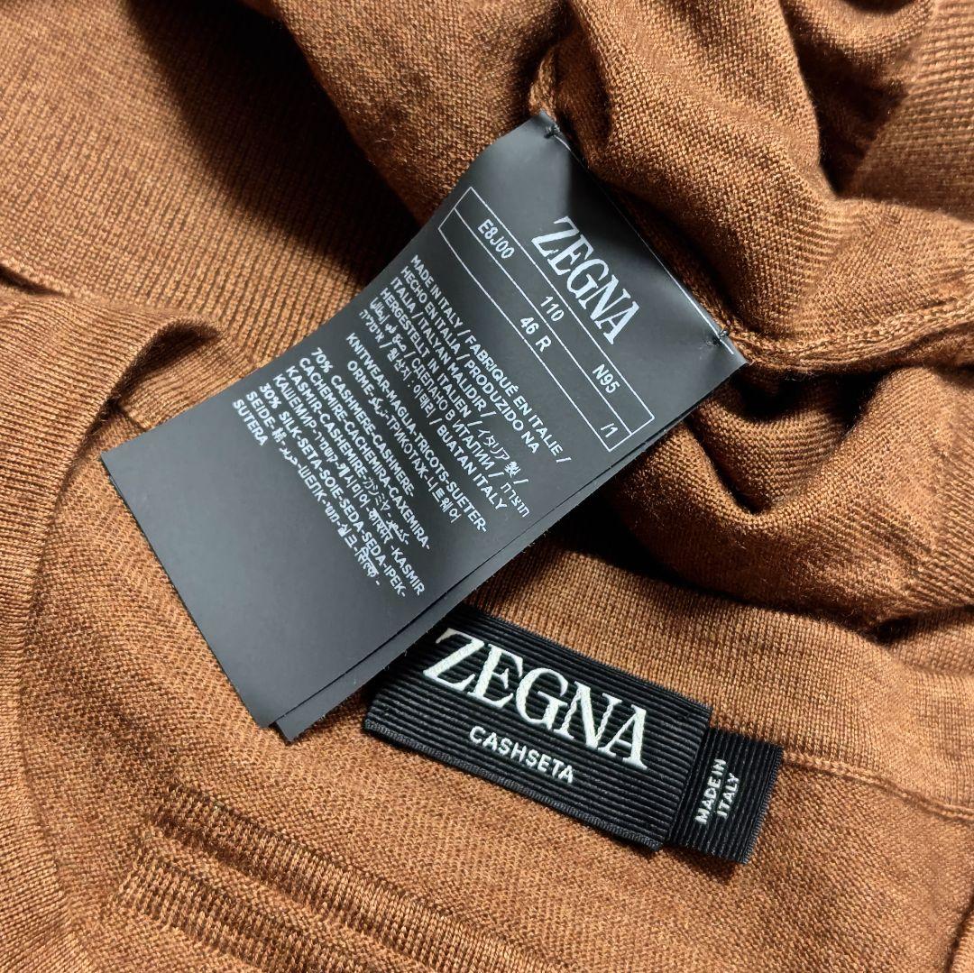 ゼニアZEGNAカシミアシルクCASHSETAハイゲージクルーネックニット46茶