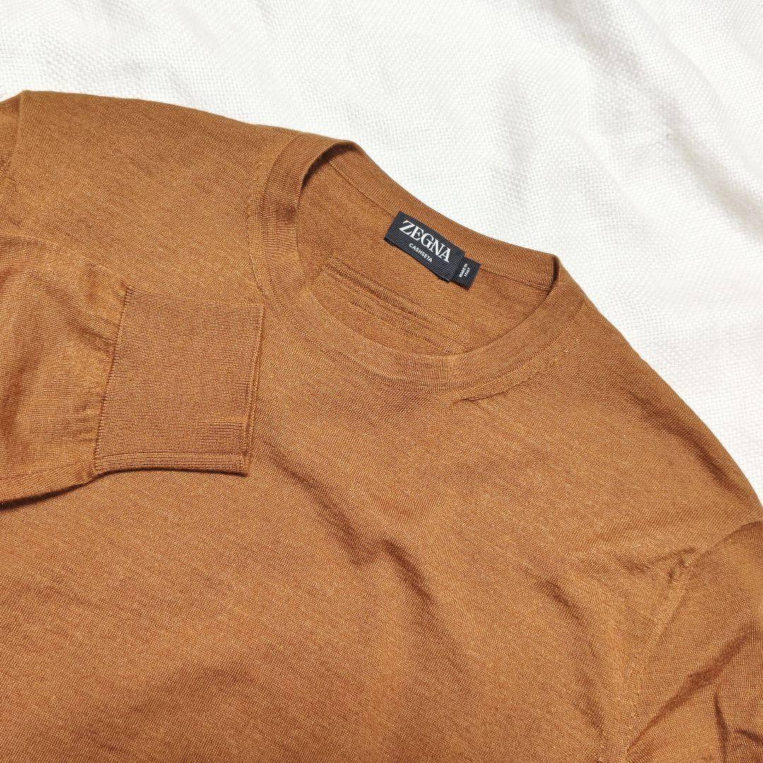 ゼニアZEGNAカシミアシルクCASHSETAハイゲージクルーネックニット46茶