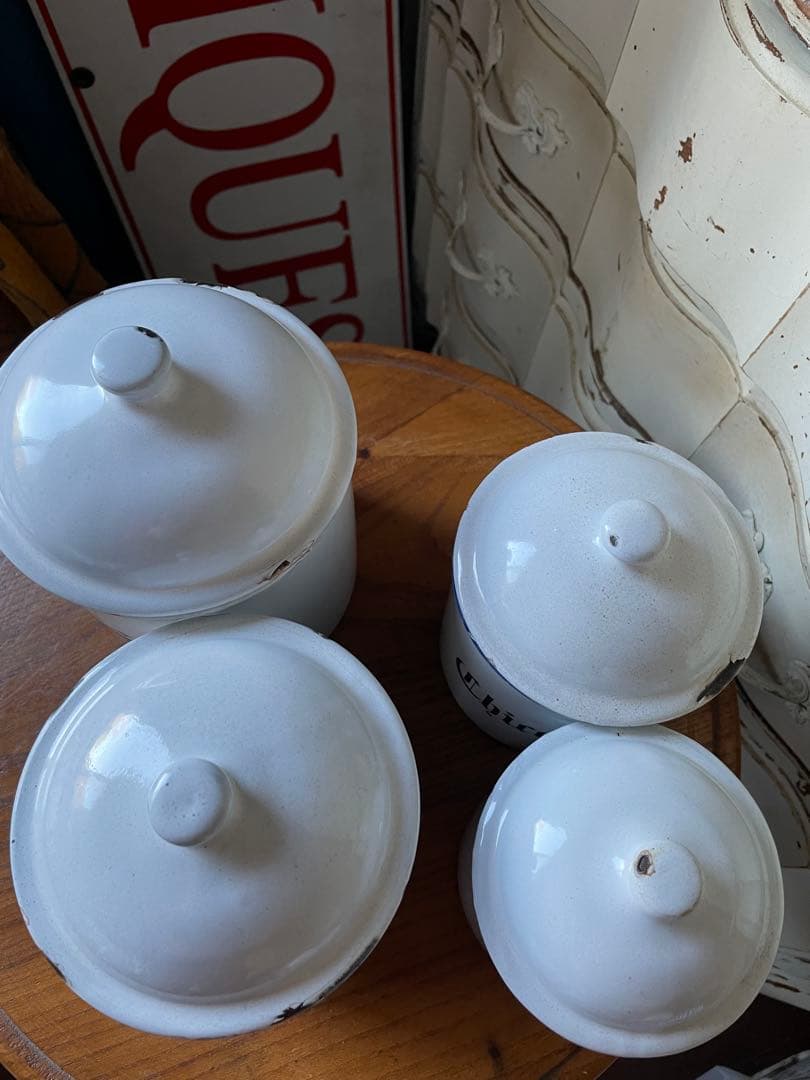 リー様専門　アンティーク　ホーロー　キャニスター　4個　ホワイト　美しい文字　白