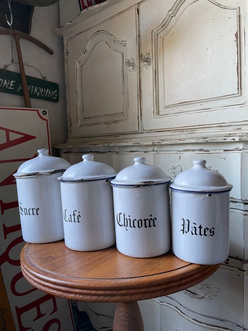 リー様専門　アンティーク　ホーロー　キャニスター　4個　ホワイト　美しい文字　白